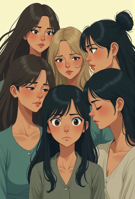 Several women with different hairstyles and expressions, looking worried or sad, symbolizing relationship troubles.Ghibli style.