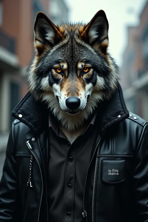 Lobo muSculoSo mirada diabólica chaqueta en cuero con cadenaS y texto que diga la 5ta marcha c.S ,caSco de motocicleta 