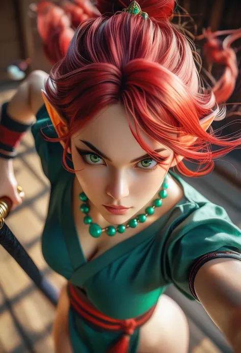 Beautiful elf female, photoreaistic, warrior monk, fair skin, (((medium red hair))), green eyes, black eyeliner, ((medium breasts)), pointy ears, strong, fit. Wearing green chinese shirt. Japanese village background. Wearing Buddhist bead necklace. Kung fu...