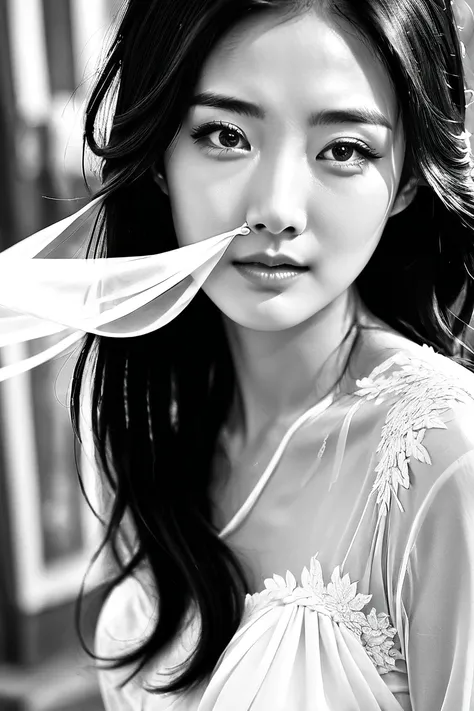  Black and white photo with a surreal style .  Beautiful young woman from East Asia , Incredibly charming ,  Elegant and pure .  Long black hair flies in the wind ,  She wears a white silk dress ,  Big round eyes ,  flawless face .  She crying while lookin...