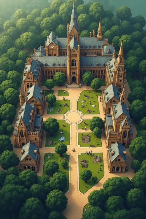 Create a map of a giant university in the middle of a forest