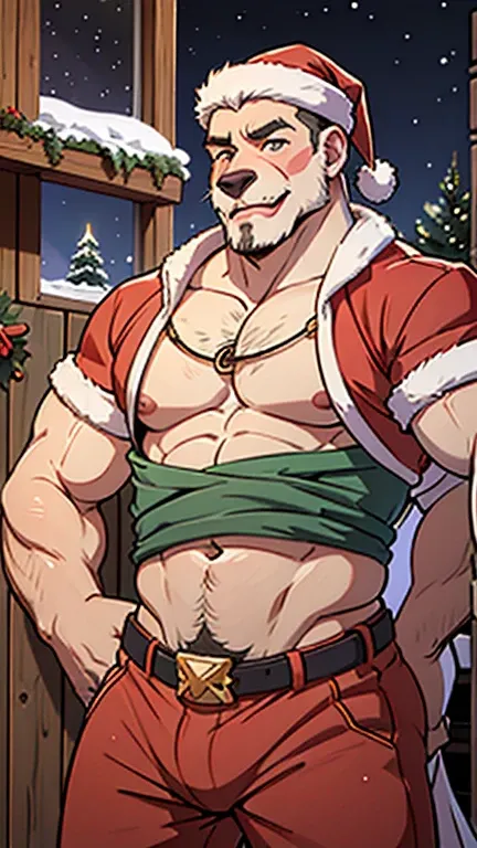 A group of holly and happy friends hugged, hunk hot Christmas daddy biceps. They have a long and white bear and a very furry and very hairy chest and sixpack. One Santa is climbing a ladder on a Christmas Three, he is wearing a red Christmas funny hut. In ...