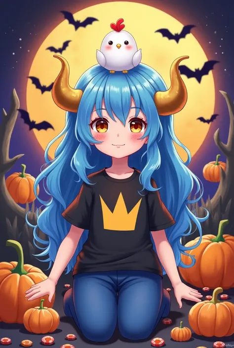  has a golden hair decoration on both sides of the head .  has bright blue hair, and ,  has long, soft waves, and the ,  character .  This decoration is shaped like two horns, ,  top is a black t-shirt with a yellow logo, which adds a mysterious and cute f...