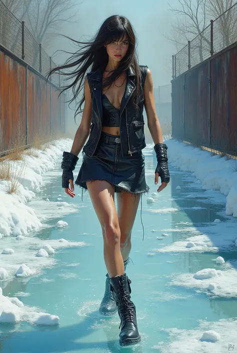 Ice dance，(whole body)，Future sexy girl .1.5, Rusted Metal Fence , Ice lake ，Many details,  leather miniskirt and tight vest, ( Dave Mckean Inspired Art ,  Detailed , painting)