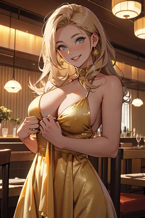 (( Best Quality )), (( Masterpiece)), ( Detailed ), (4k), 1 girl, ((wearing a golden dress )), ((Beautiful hair)), (( beautiful eyes )), ( with her hands in her hair ), ((happy face)), (( big breasts)), ((neckline)), (29 years old), (( front view)), ((View...