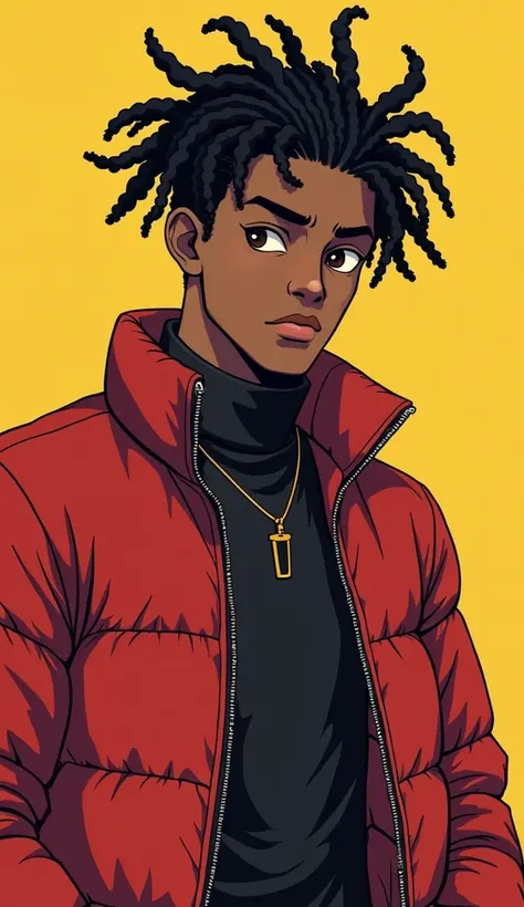  Anime Black man with small dreadlocks、very handsome、age 18、Aggressive type 、naughty 、high neck のダウンジャケット、 tall very short hair 、tightなダウンジャケット、tight、 Athletes 、  round down jacket、 full body illustration o、 manly、Cool y deportivo   roundダウンジャケット、Pichi Pic...