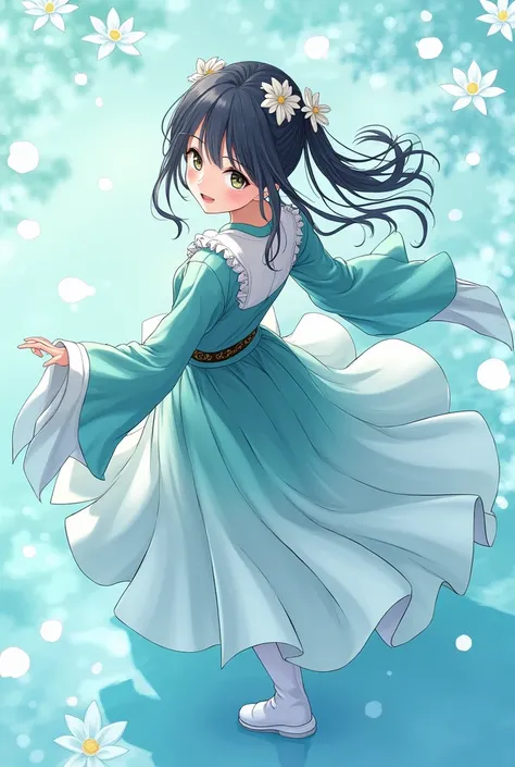 1 Girl,  unique , From above, (White lily), Aesthetic , Complex,  are of the best quality,  detailed background , Sayaka Miki, ((girl wearing a patterned teal 和服:1.2)), Ice dance，Ice lake ，Fine texture, Strike a pose, Hair Flower, Hair accessories,  outdoo...