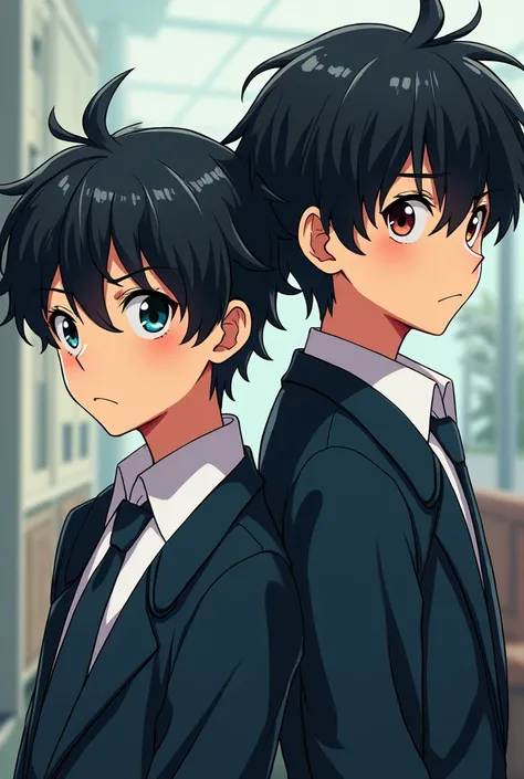  Make an image of two boys , one must look fragile ,  and the other must look rude ,  both must have school uniforms and fair skin,  with wavy black hair .  The image should be like anime .