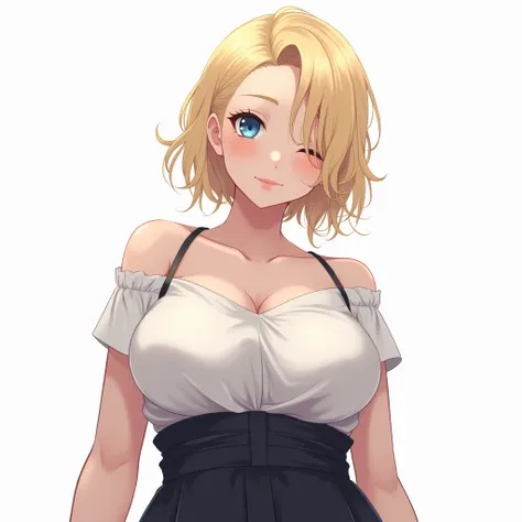 Portrait of an Anime-style, Gorgeous, Masterpiece, best quality, score_9, score_8_up, score_7_up, 1woman, ((solo)), ((tall)), woman, 24 years old woman, ((24 years old)), light skin, blue eyes, shining light on, full body, curvy, soft hair, blonde asymmetr...