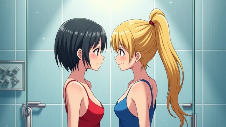 2 girls are having sex in the shower ,  one person has short black hair and wears a red swimsuit 、 the other is a blonde ponytail wearing a blue competitive swimsuit。.