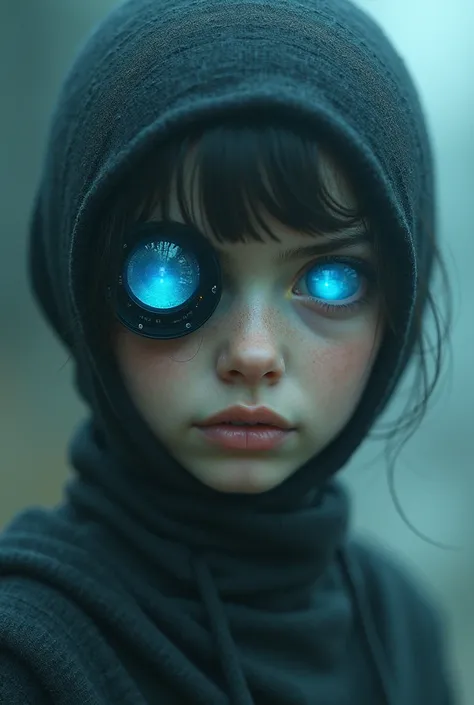 surreal image blue eyes in which instead of irises they have a camera lens