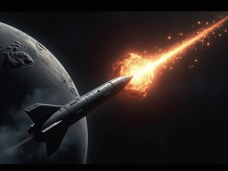 A nuclear missile goes out into space, approaches a huge asteroid, and explodes