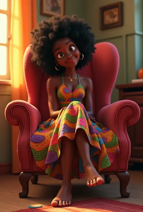 a Disney pixar style image, focusing on the environment, A black girl,  sitting on an armchair , showing the top of the bare feet to the screen,  each nail on each finger is painted a different color, The black lady wears a colorful dress , perfect quality...