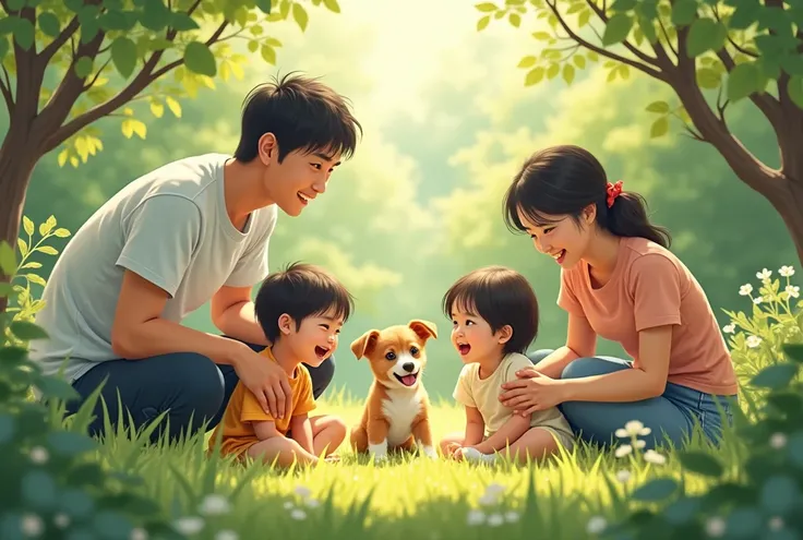 A young Japanese couple watching their children play happily with a puppy in the garden. The children are smiling brightly, and the couple looks at them warmly with joy and love, creating a harmonious and serene atmosphere in a natural, sunny backyard.