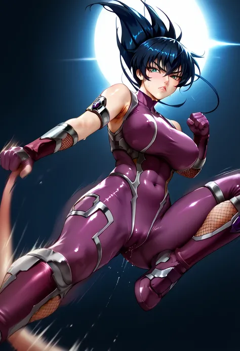 Igawa_Asagi, dark blue hair, long hair, hair between eyes, aqua eyes, large breasts,asagi suit, ninja, bodysuit, purple bodysuit, fishnets, covered collarbone, gloves, skin tight, covered nipples, bare shoulders, elbow gloves, shiny clothes,perfect hands, ...