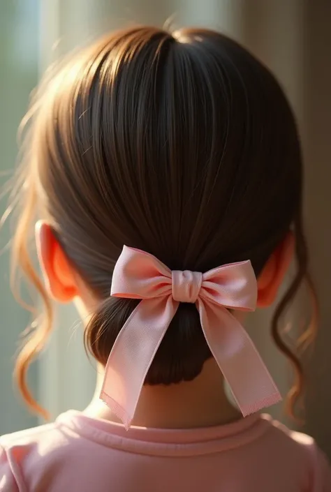 Back of girls head, brown hair from back veiw with pink ribbon in hair