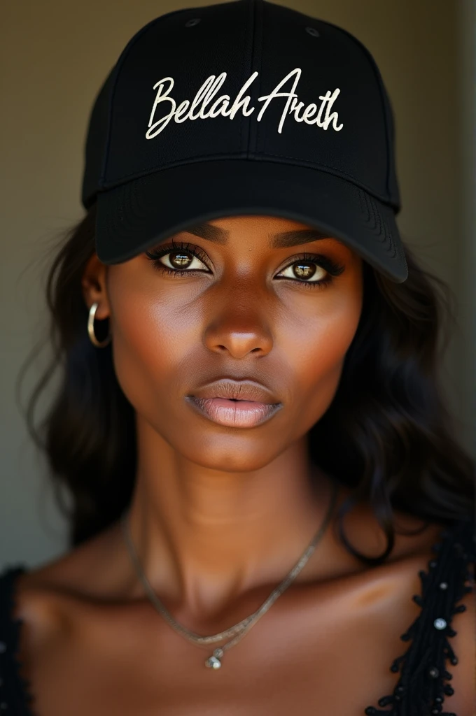 A Papua New Guinea beautiful women wearing a black cap on the cap it written as BELLAH ARETH