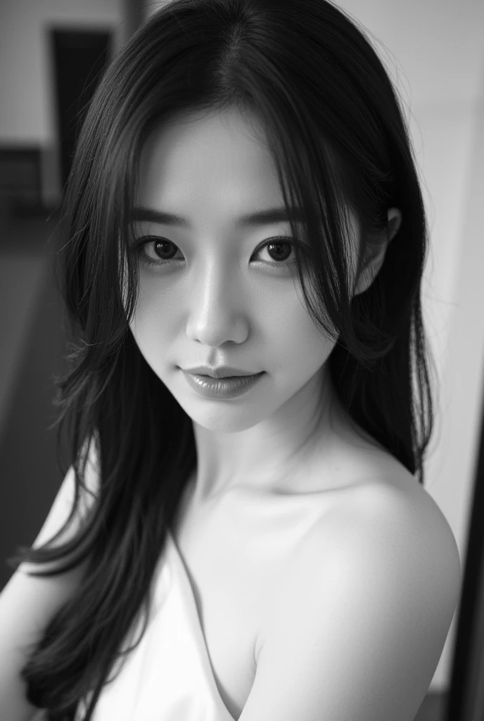  Surrealist black and white photo .  Young woman with beautiful Asian features East , incredibly charming ,  elegant and pure .  Long black hair flying in the wind , she is wearing a white silk dress ,  big round eyes ,  flawless face . You are crying,  li...