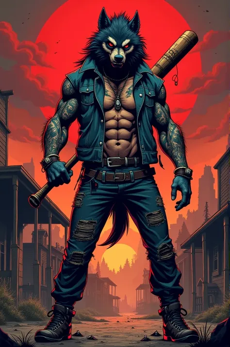  A black-haired werewolf with red eyes and scars on his body in Cartoon style ,wearing punk clothes, a patched jacket and the symbol of anarchy with scattered thumbtacks , ripped pants,tribal tattoos on two full arms , holding a baseball bat with barbed wi...