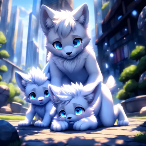 ( detailed crying ,  detailed face ,  detailed background,  detailed body ),  detailed quality, 4K,  high resolution,  highly detailed
Two cute s with white fur,  blue eyes and white hair , who were caught having sex with a small baby .
( on all fours )