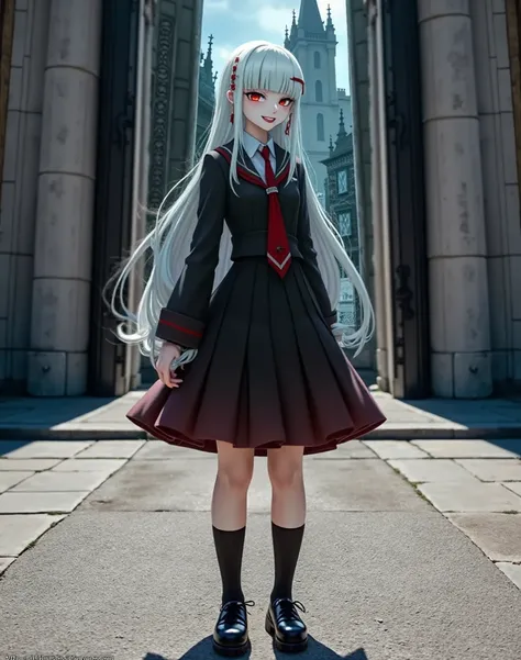 beautiful albino girl with long white hair, evil smile, black gothic school dress with red tie, anime style