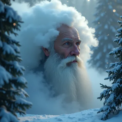  Giant face of a man with long white hair and beard, made of clouds , in a snowy forest at night ,  winter, Snow falling,  Cinematic Lighting,  photorealistic, 8K