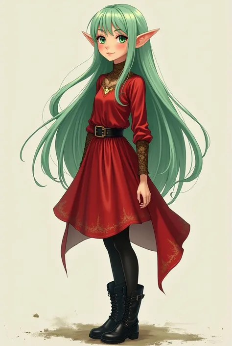 Image of sorceress, young elf woman, late teens, short ears, shy expression, short red dress, black boots, black stockings, narrow sleeves, fantasy clothing, Full body pose, super fine illustration, fine skin, beautiful girl, beautiful face, green eyes, lo...