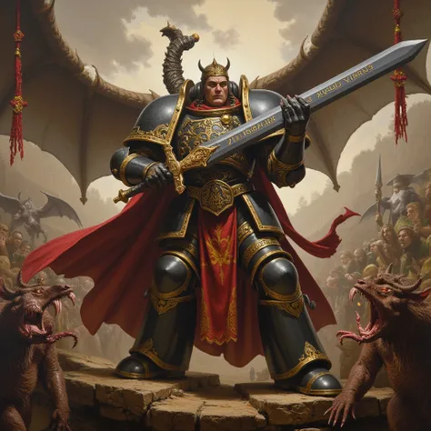 Space Marine Astarte Knight in Imposing Armor wields a 3 meter long greatsword with Warhammer 40k figures and signs on the handle of his sword fighting demons, Warhammer 40k, epic canvas art from 1500, a fantasy masterpiece with a dark gothic atmosphere, 1...