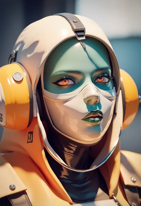 Woman in a stylized hazmat suit, face fully covered by opaque face shield