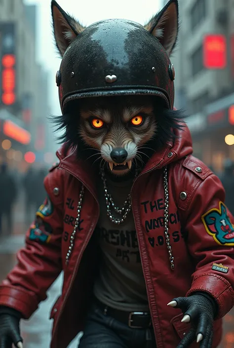 Lobo joven mirada diabólica chaqueta de coloreS con cadenaS y texto que diga la 5ta marcha c.S ,caSco de motocicleta 