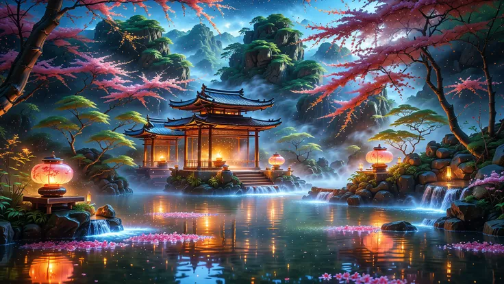 A Masterpiece In 32K Resolution, Supreme Quality, Super Detail, Official Art, Very High-Resolution 32K Wallpaper, Beautiful And Aesthetic, Ultra-Detailed Features, Awe-Inspiring Detail. An Elegant 32K Anime Scene Of A Hidden Hot Spring Surrounded By Steami...