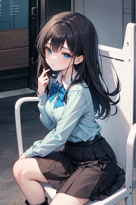  high school students  ， Has long, dark hair ， with warm blue eyes  ，  wears a fresh blue suit  ， Black skirt and black boots ， pure white collar and bright green bow 。  has long dark hair and warm blue eyes  ，  sit in a chair