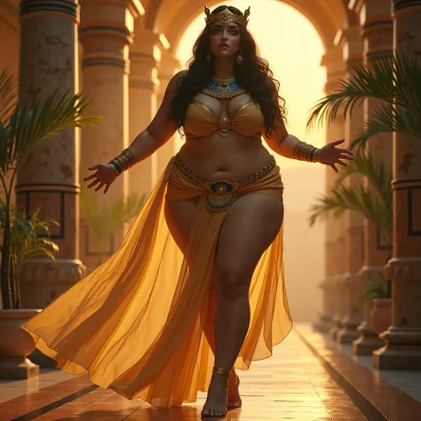 (best quality,4k,8k,highres,masterpiece:1.2),ultra-detailed, Egyptian Goddess Hathor, sks woman, Thick body, wide hips, thick thighs, large breasts swollen with milk, wearing Egyptian cloths, breasts covered, Egyptian eye makeup, Dancing, drawn in the styl...