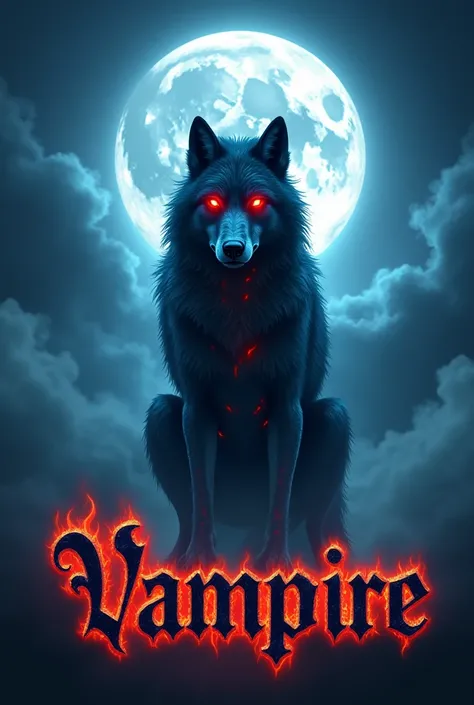 A red eyed wolf infront of a full.moon below written vampire with black calligraphy.  For whyasapp pfp. Below written Vampire. Some clouds beside and back of tge moon and wolf. and fire in the border pf the the vampire name. The wolf is glowing with dark b...