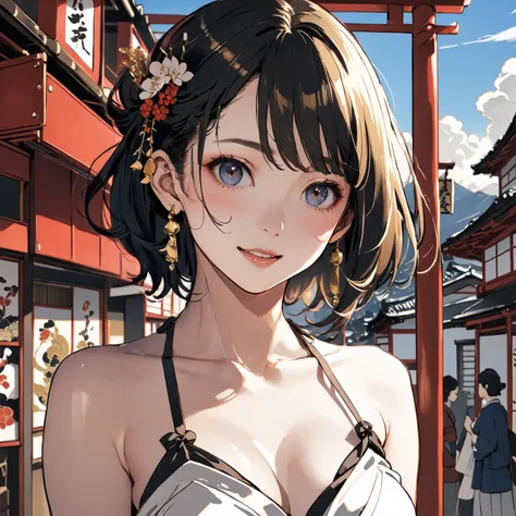   Masterpiece ,  GREAT QUALITY,  top quality,  high definition , 4K, 8k, 超 high definition , 
 Ukiyo-e painting style ,A world of gold,
1girls, hotpants,  chest , Tourist city ,The details of the face are drawn,Mischievous expression、Japanese scenery,short...