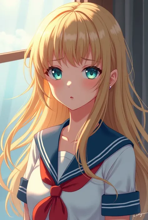 sexy blonde anime girl with beautiful eyes and a sailor outfil