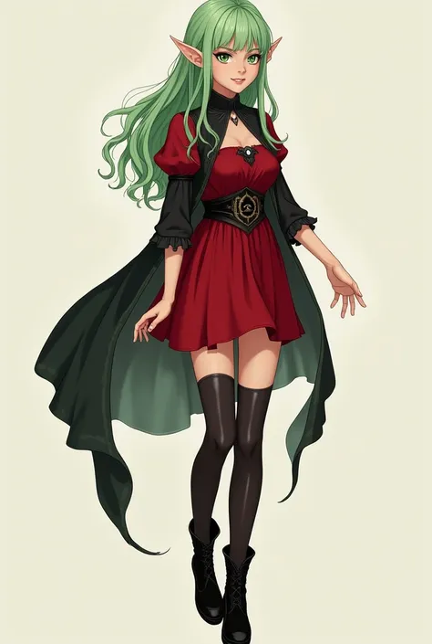 Image of sorceress, young elf woman, late teens, short ears, demure expression, short red dress, black boots, black stockings, narrow sleeves, fantasy clothing, Full body pose, super fine illustration, fine skin, beautiful girl, beautiful face, green eyes,...