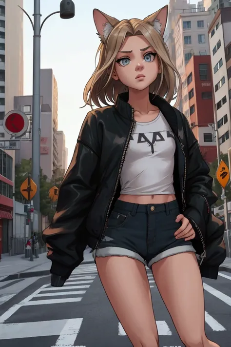 Skinny Chloe Grace wearing a tabby top and hyper short shorts with open zipper, Crossing the street in a rich neighborhood
