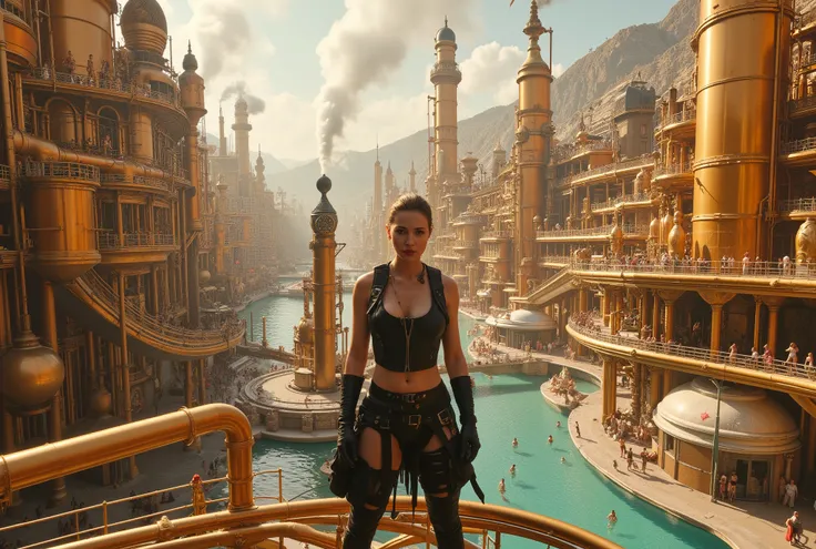 image of a beautiful girl wearing Madmax-style leather clothing in a deep and complex corridor looking from the bottom up inside a complex steampunk city, an immense village in the color of gold and polished copper, shiny and reflective, complex steampunk ...