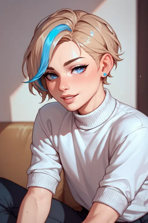 Androgynous looking boy ,  light brown hair with light blue highlights ,  light blue eyes, light skin,  wears a white shirt and a lavender sweater on top 