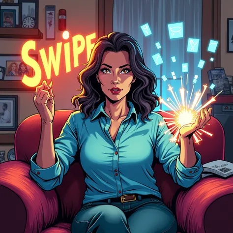 comic book art woman at home launching glowing social media ads with "Swipe Up" in comic letters.