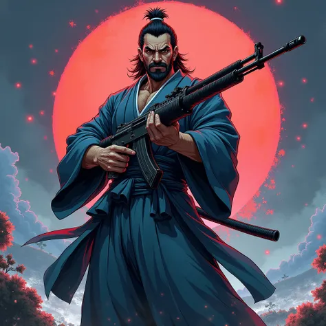  create the swordsman Miyamoto Musashi in manga style/Anime holding an AK-47 