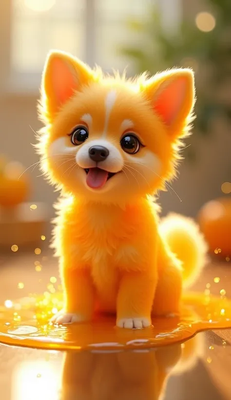 "A hybrid puppy with its body made of fresh, vibrant orange juice. The puppys head, ears, and face remain normal, with its small, fluffy features intact, but its body is transformed into liquid orange juice. The juice forms its torso, legs, and tail, with ...