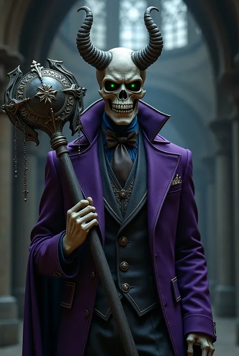 skull with nasty Green eyes dressed in a purple Victorian suit holding a ball mask in one hand with a devilish smile, in Dark castle,war hammer, Dark fantasy 