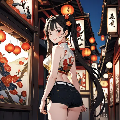   Masterpiece ,  GREAT QUALITY,  top quality,  high definition , 4K, 8k, 超 high definition , 
 Ukiyo-e painting style ,A world of gold,
1girl, hotpants,  chest , Tourist city ,whole body, Looking Back.Mischievous expression、twintails
