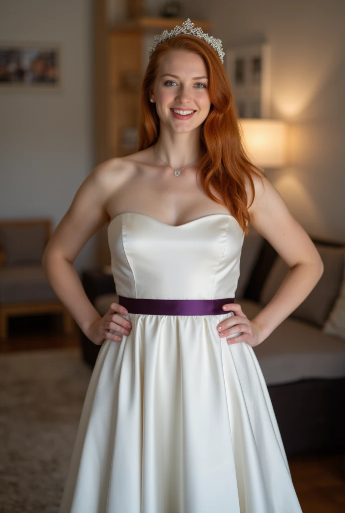 ultra Realistic upper body of a beautiful young red haired German bride with long hair, headband, Necklace, smile. Beautiful legs and high heels , She stands in the livingroom, She wears a beautyful white satin weddingdress and a dark purple satin ribbonbe...