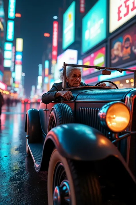 An antique car driven by an old grandmother drives through a neon-lit city.