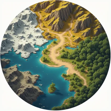 Please,  creates a medieval fantasy map with the following characteristics:

 The map should be circular . Remember to put cities in regions or in other shelters, forests, lakes or caves. 
Central region: in the center,  a neutral region with soft and bala...