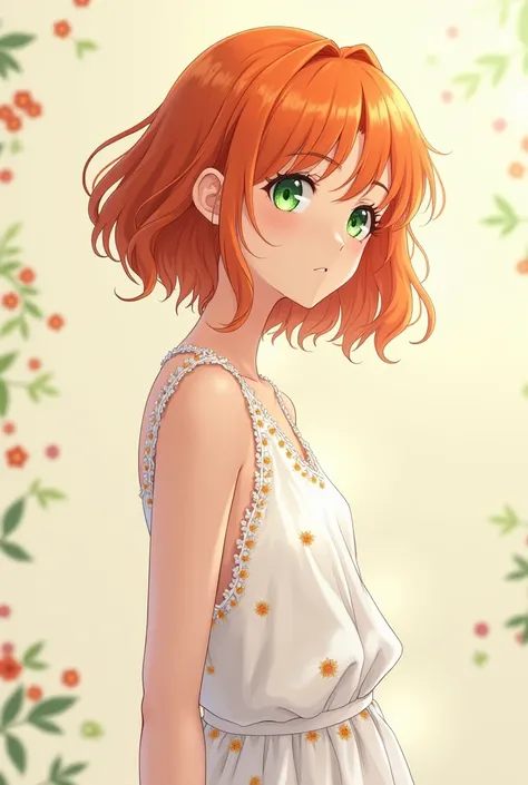 A gentle, HAIKYUU animated character
Tall woman with natural orange hair, natural green eyes. Wearing a white dress with small flowers on the dress 
