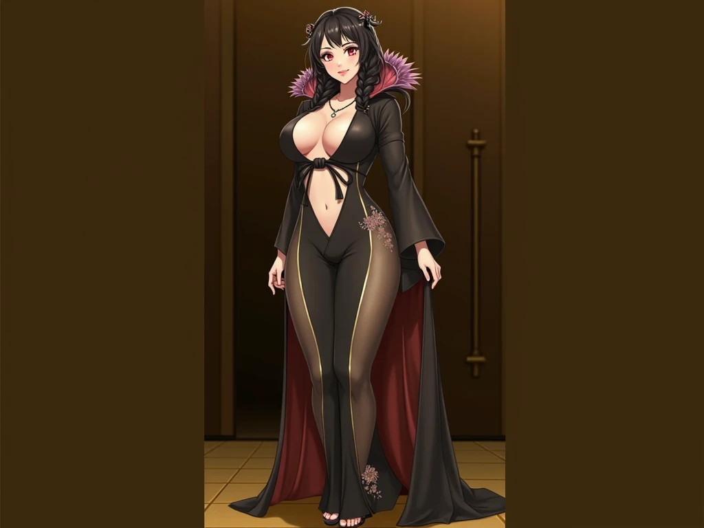 anime, kimono black, mature female, big huge large boobs, large neckline, Asian, cabelo preto trançado